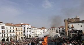 Cientos de cacereos asisten en Cceres a la quema del 039Pelele039 con la que comienza el Carnaval