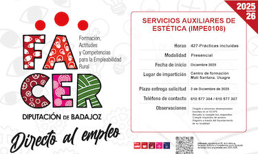 Diputación Badajoz abre inscripción para curso servicios auxiliares de estética en Usagre