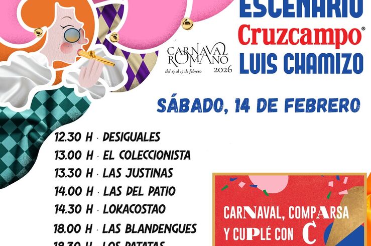 El Carnaval Romano llenará de coplas las plazas de Luis Chamizo y La Lonja este sábado