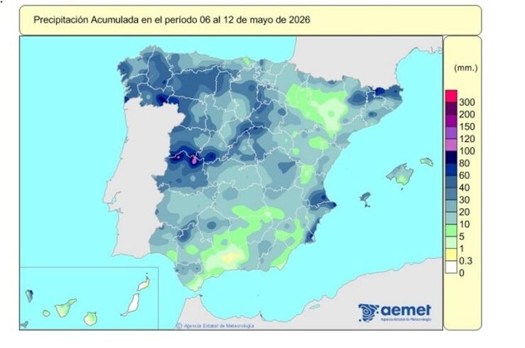 España registra 590 l/m2 de lluvia acumulada desde octubre, un 21% más de lo normal