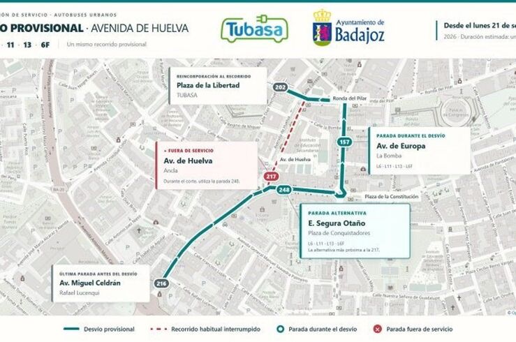Avenida de Huelva en Badajoz hacia la Plaza de la Libertad se corta desde este lunes