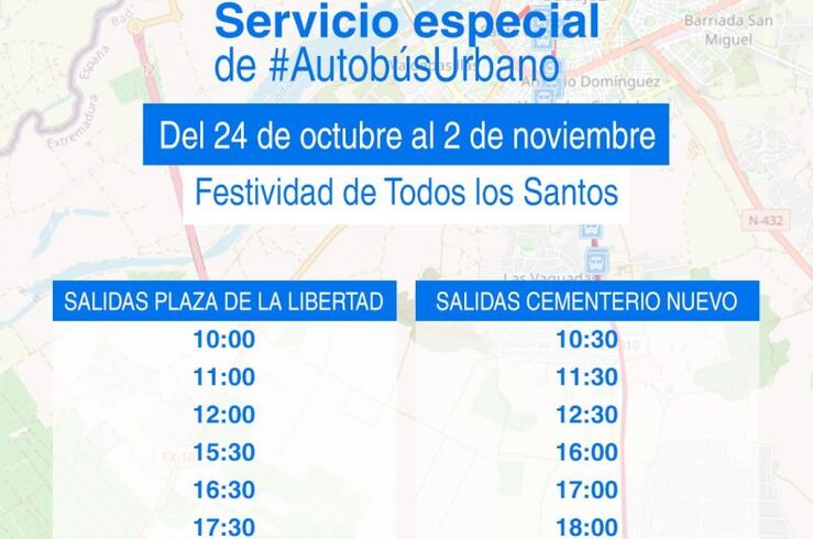 Servicio especial autobús urbano al Cementerio Nuevo de Badajoz por Día Todos los Santos