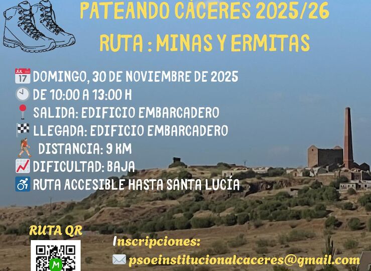 El PSOE de Cceres propone una ruta senderista por las minas y ermitas de la ciudad