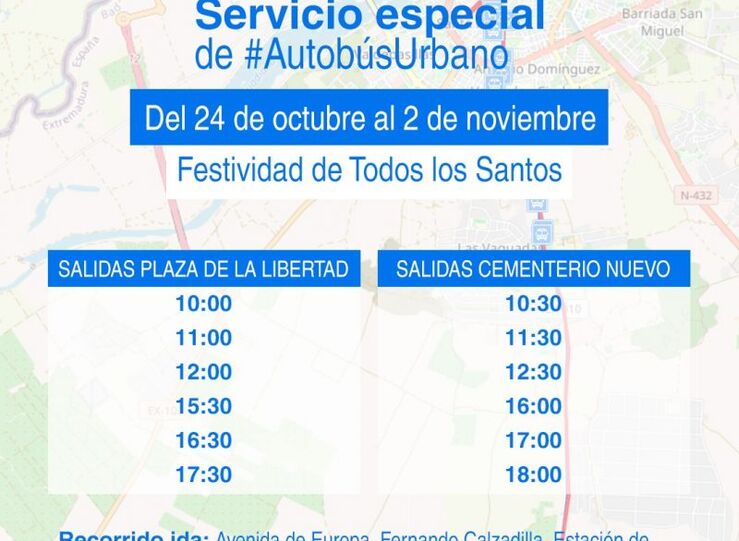 Servicio especial autobs urbano al Cementerio Nuevo de Badajoz por Da Todos los Santos