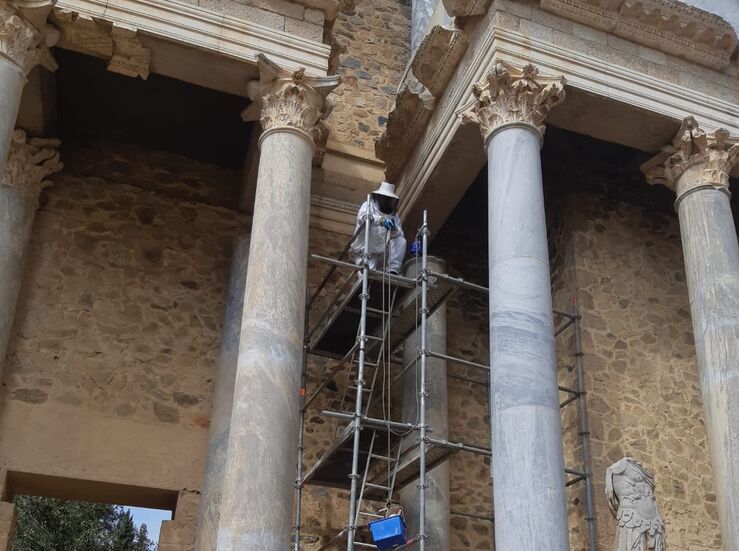 Bomberos del CPEI retiran un enjambre de abejas en el Teatro Romano de Mrida