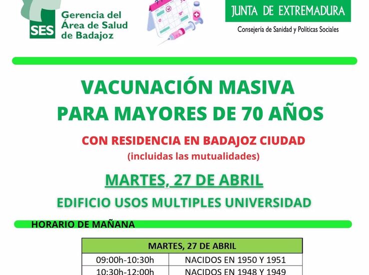 Convocada una vacunacin masiva a mayores de 70 aos el prximo martes en Badajoz