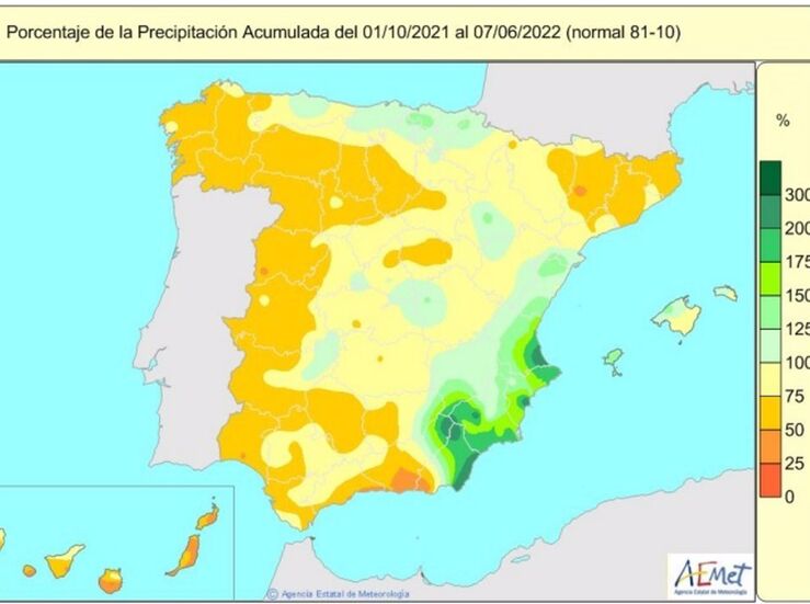 Falta de lluvias en Espaa del 1 de octubre de 2021 hasta 7 de junio de 2022 llega al 25