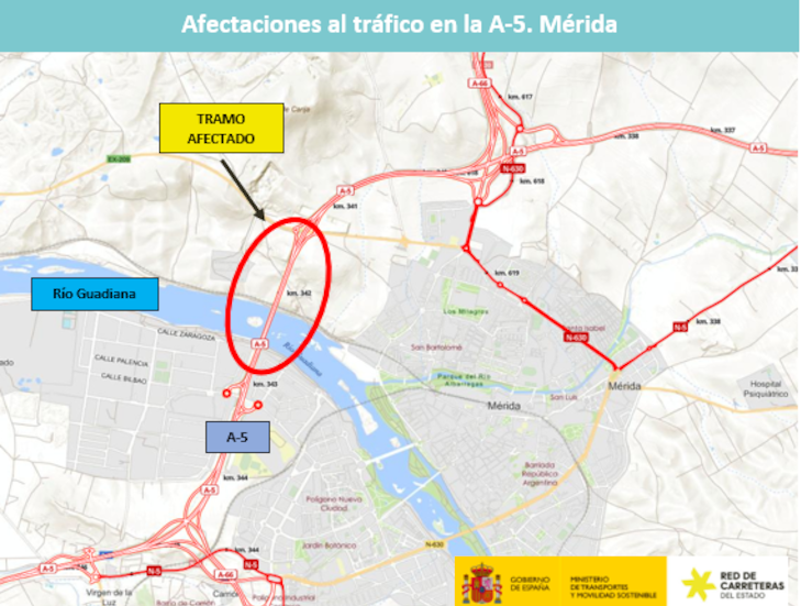 Obras en viaductos sobre el Guadiana provocan corte carriles izquierdos de A5 en Mrida