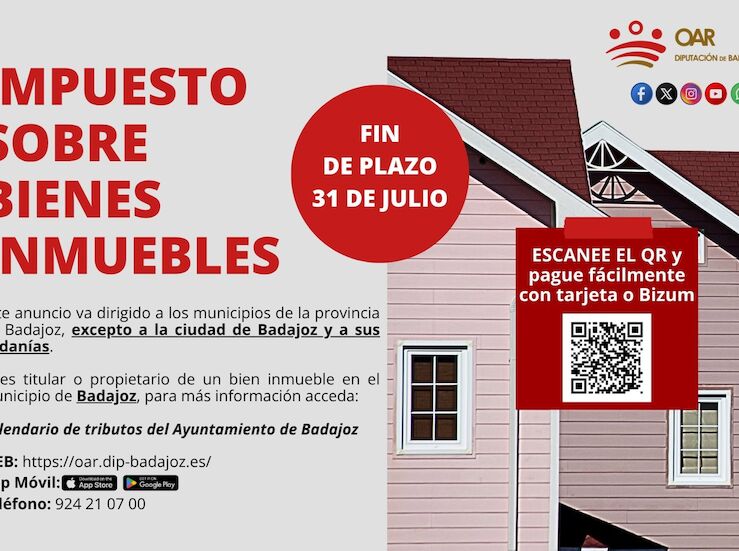 En la provincia plazo IBI finaliza el 31 de julio excepto para Badajoz y sus pedanas