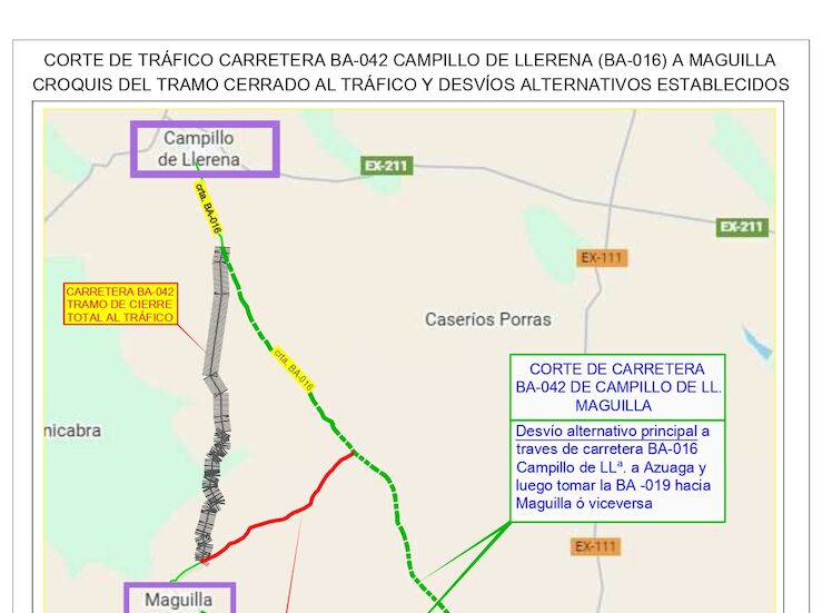 La BA042 de Campillo de Llerena a Maguilla permanecer cortada del 18 al 26 de septiembre