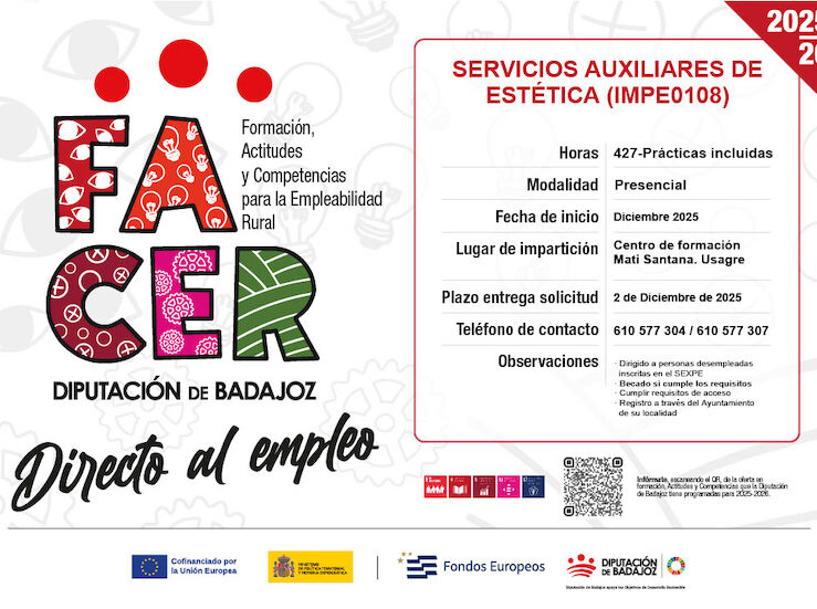 Diputacin Badajoz abre inscripcin para curso servicios auxiliares de esttica en Usagre