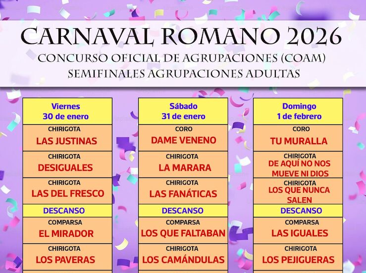 La chirigota Las justinas abrir el Concurso de Agrupaciones del Carnaval Romano 2026
