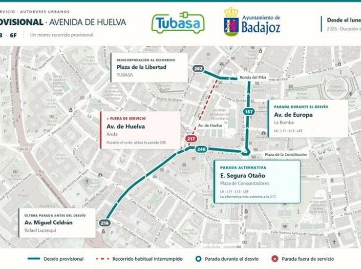 Avenida de Huelva en Badajoz hacia la Plaza de la Libertad se corta desde este lunes