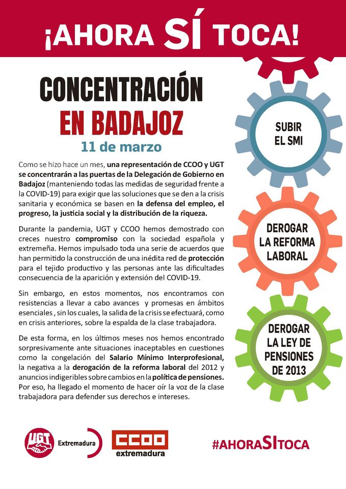 CCOO y UGT se concentran este jueves en Badajoz para exigir al Gobierno ...